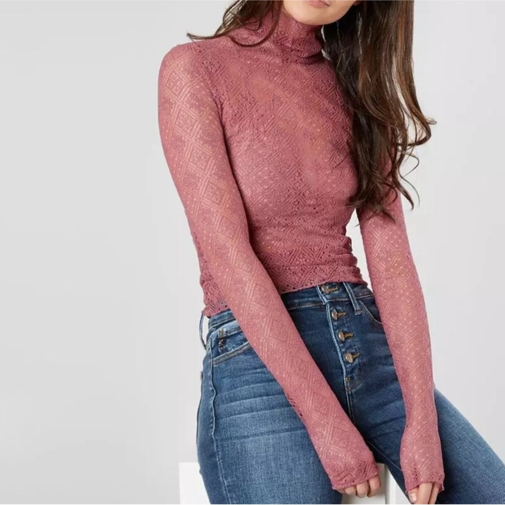 Free People Pink Long Sleeve Lace Top